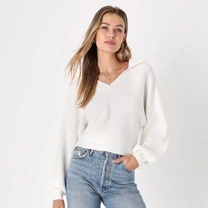 White Long Sleeve Collared Sweater
